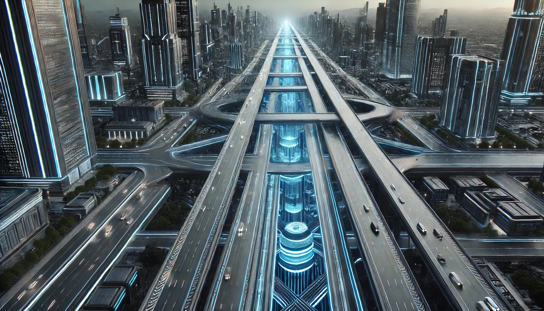 DALL·E 2024-11-27 12.37.39 - A high-resolution 4K image of a futuristic highway resembling a very wide road with an anthracite color palette, set within a mix of urban and natural.jpg